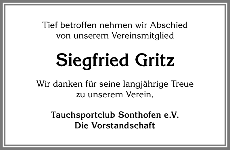  Traueranzeige für Siegfried Gritz vom 25.07.2019 aus Allgäuer Anzeigeblatt