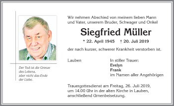 Traueranzeige von Siegfried Müller von Allgäuer Zeitung,Kempten