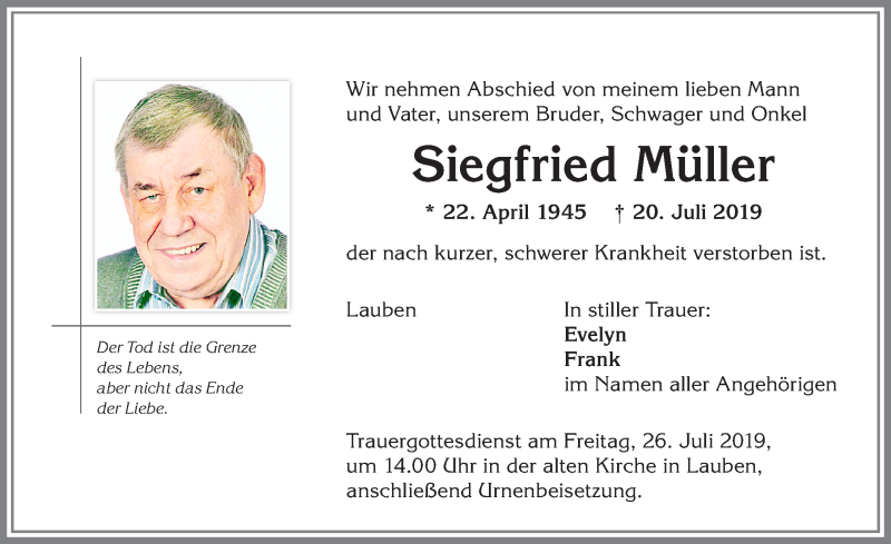 Traueranzeige für Siegfried Müller vom 24.07.2019 aus Allgäuer Zeitung,Kempten