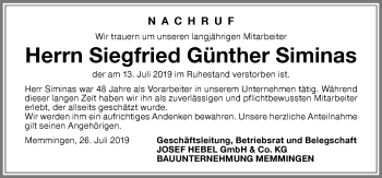 Traueranzeige von Siegfried Günther Siminas von Memminger Zeitung