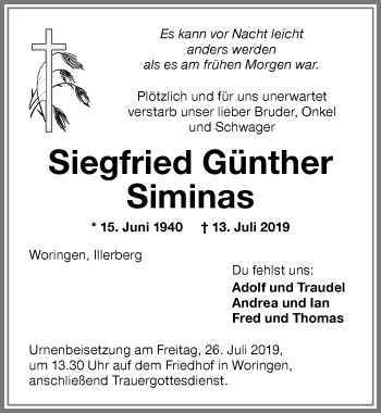 Traueranzeige von Siegfried Günther Siminas von Memminger Zeitung