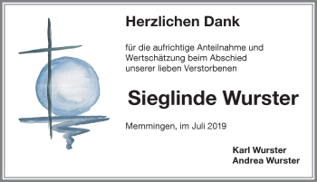 Traueranzeige von Sieglinde Wurster von Memminger Zeitung