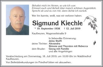 Traueranzeige von Sigmund Kiechle von Allgäuer Zeitung, Kaufbeuren/Buchloe