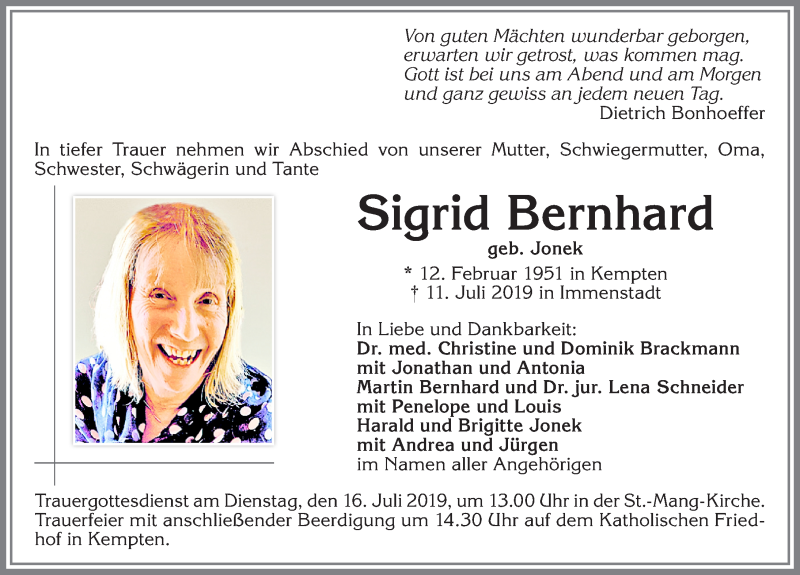  Traueranzeige für Sigrid Bernhard vom 13.07.2019 aus Allgäuer Zeitung,Kempten