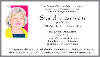 Traueranzeige von Sigrid Trautwein von Allgäuer Zeitung, Füssen