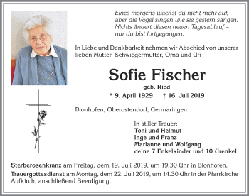 Traueranzeige von Sofie Fischer von Allgäuer Zeitung, Kaufbeuren/Buchloe
