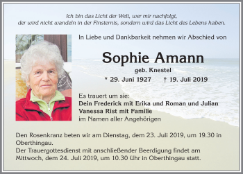 Traueranzeige von Sophie Amann von Allgäuer Zeitung, Marktoberdorf
