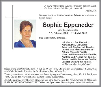 Traueranzeige von Sophie Eppeneder von Allgäuer Zeitung