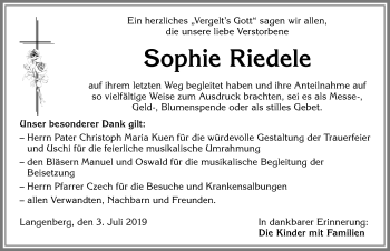 Traueranzeige von Sophie Riedele von Memminger Zeitung