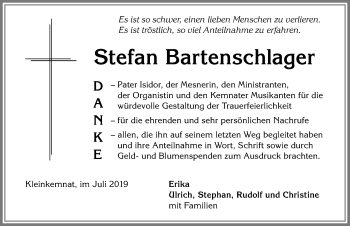 Traueranzeige von Stefan Bartenschlager von Allgäuer Zeitung, Kaufbeuren/Buchloe
