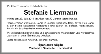 Traueranzeige von Stefanie Liermann von Allgäuer Anzeigeblatt