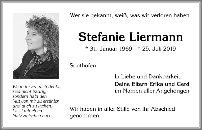  Traueranzeige für Stefanie Liermann vom 30.07.2019 aus Allgäuer Anzeigeblatt