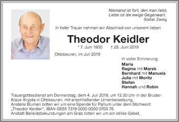 Traueranzeige von Theodor Keidler von Memminger Zeitung