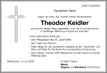 Traueranzeige von Theodor Keidler von Memminger Zeitung