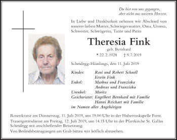 Traueranzeige von Theresia Fink von Der Westallgäuer