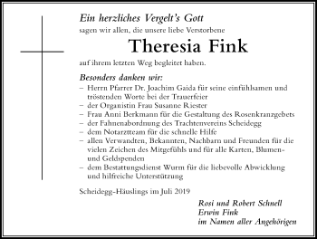 Traueranzeige von Theresia Fink von Der Westallgäuer