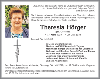 Traueranzeige von Theresia Hörger von Allgäuer Zeitung, Marktoberdorf