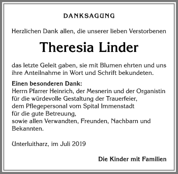 Traueranzeige von Theresia Linder von Allgäuer Anzeigeblatt