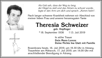Traueranzeige von Theresia Schweizer von Allgäuer Zeitung, Marktoberdorf