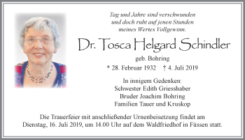 Traueranzeige von Tosca Helgard Schindler von Allgäuer Zeitung, Füssen