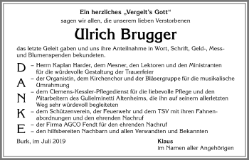 Traueranzeige von Ulrich Brugger von Allgäuer Zeitung, Marktoberdorf
