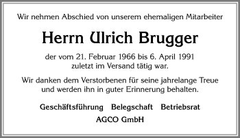 Traueranzeige von Ulrich Brugger von Allgäuer Zeitung, Marktoberdorf