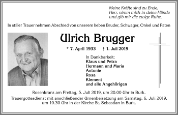 Traueranzeige von Ulrich Brugger von Allgäuer Zeitung