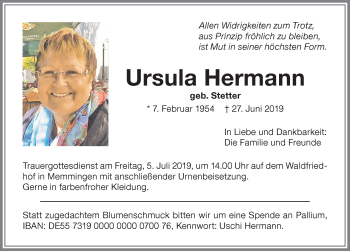 Traueranzeige von Ursula Hermann von Memminger Zeitung