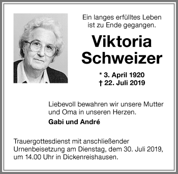 Traueranzeige von Viktoria Schweizer von Memminger Zeitung