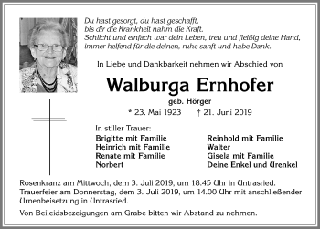 Traueranzeige von Walburga Ernhofer von Allgäuer Zeitung, Marktoberdorf