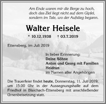 Traueranzeige von Walter Heisele von Allgäuer Anzeigeblatt