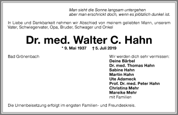 Traueranzeige von Walter C. Hahn von Memminger Zeitung