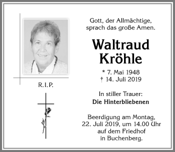 Traueranzeige von Waltraud Kröhle von Allgäuer Zeitung,Kempten