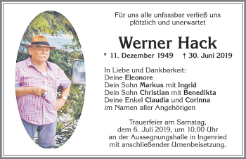 Traueranzeige von Werner Hack von Allgäuer Zeitung, Marktoberdorf