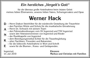 Traueranzeige von Werner Hack von Allgäuer Zeitung, Marktoberdorf