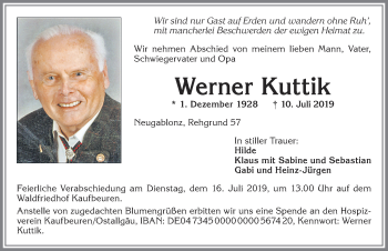 Traueranzeige von Werner Kuttik von Allgäuer Zeitung, Kaufbeuren/Buchloe