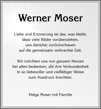 Traueranzeige von Werner Moser von Allgäuer Zeitung, Marktoberdorf