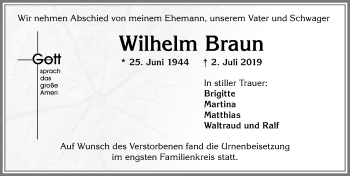 Traueranzeige von Wilhelm Braun von Allgäuer Zeitung