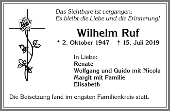 Traueranzeige von Wilhelm Ruf von Allgäuer Zeitung,Kempten