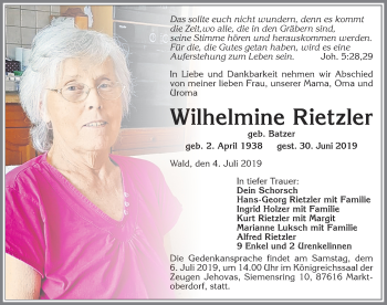 Traueranzeige von Wilhelmine Rietzler von Allgäuer Zeitung, Marktoberdorf