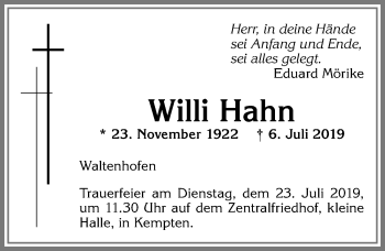 Traueranzeige von Willi Hahn von Allgäuer Zeitung,Kempten