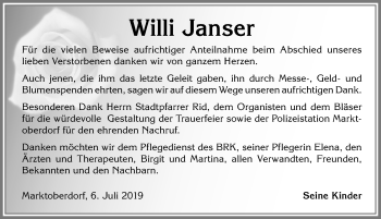Traueranzeige von Willi Janser von Allgäuer Zeitung, Marktoberdorf