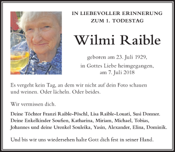 Traueranzeige von Wilmi Raible von Der Westallgäuer