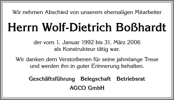 Traueranzeige von Wolf-Dietrich Boßhardt von Allgäuer Zeitung, Marktoberdorf