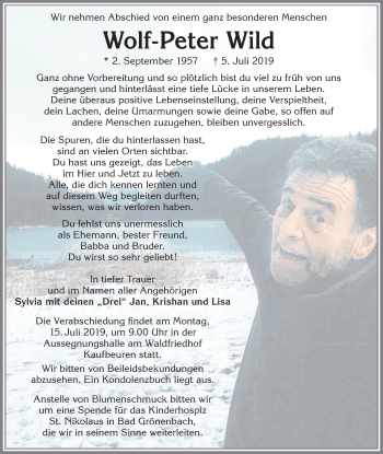 Traueranzeige von Wolf-Peter Wild von Allgäuer Zeitung, Kaufbeuren/Buchloe