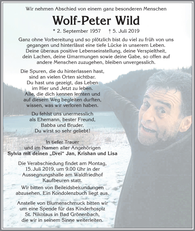  Traueranzeige für Wolf-Peter Wild vom 11.07.2019 aus Allgäuer Zeitung, Kaufbeuren/Buchloe