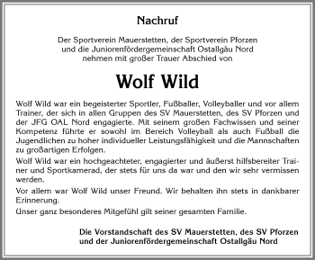 Traueranzeige von Wolf Wild von Allgäuer Zeitung, Kaufbeuren/Buchloe