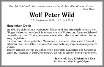 Traueranzeige von Wolf Peter Wild von Allgäuer Zeitung, Kaufbeuren/Buchloe