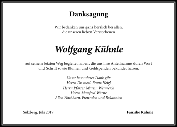 Traueranzeige von Wolfgang Kühnle von Allgäuer Zeitung,Kempten