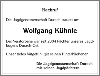 Traueranzeige von Wolfgang Kühnle von Allgäuer Zeitung,Kempten